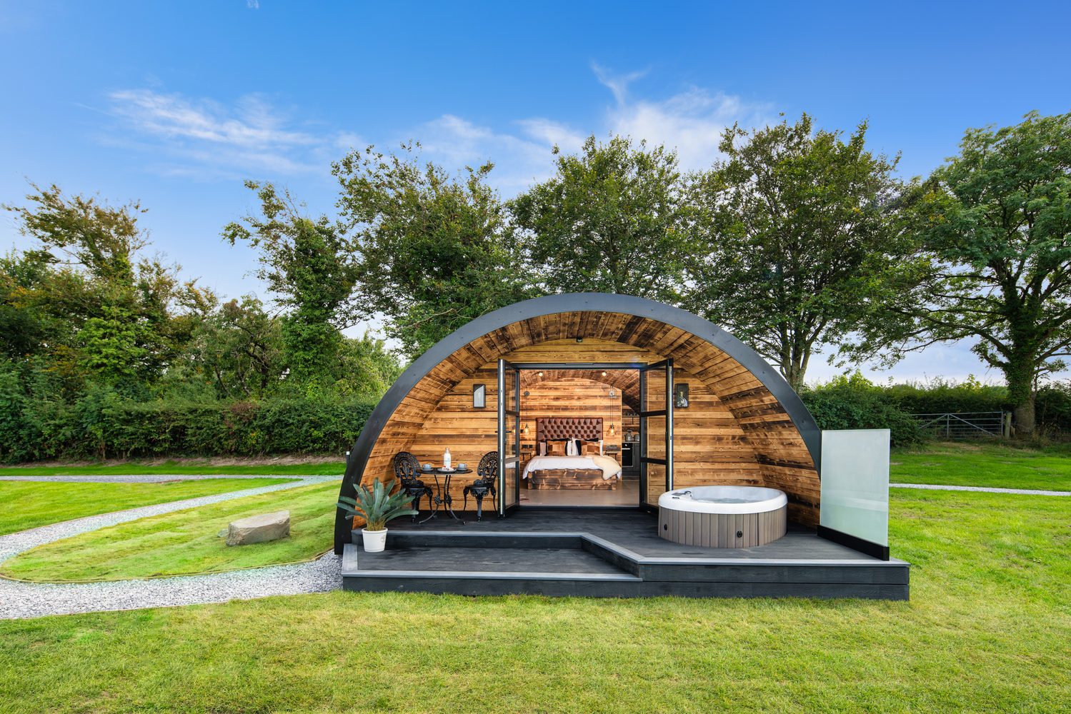 The Piglet Pod arch glamping pod with hot tub on timber deck, Pantcefn, Ceredigion