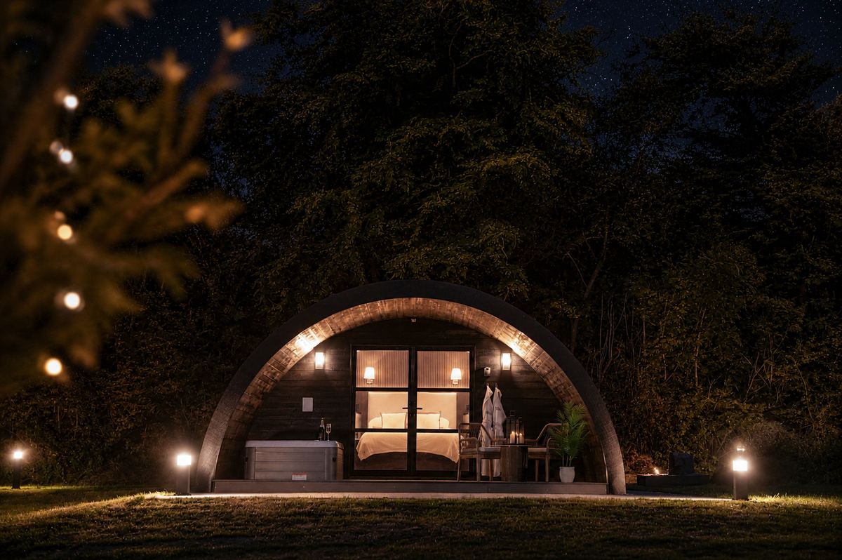 The Hog Hut deck and hot tub after dark with champagne glasses and a starlit sky